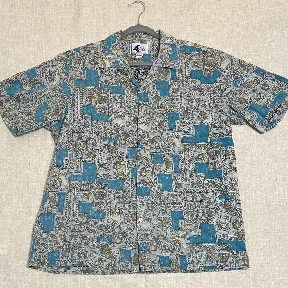Vintage Nui Nalu Hawaiian Shirt Men's Large Teal/Gray Short-Sleeve Resort Wear - Picture 12 of 12